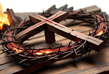 A crown of thorns on a wooden cross with a smoldering fire in the background, suggesting a religious or symbolic scene