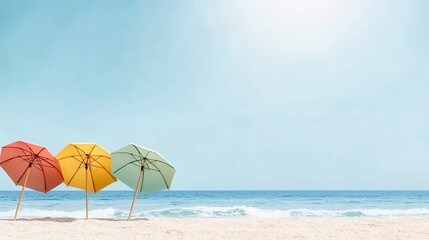 Cheerful Summer Vibes: Vibrant Beach Umbrellas under the Sun with Minimalistic Waves
