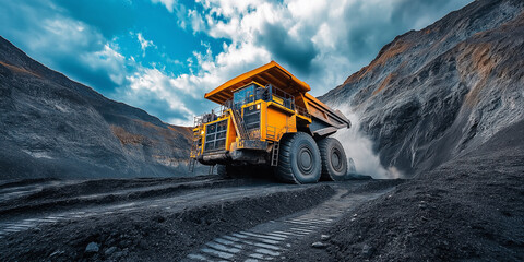 Mining Truck in Action. A powerful mining truck maneuvers through a vast open pit mine, kicking up dust as it carries a load of ore.