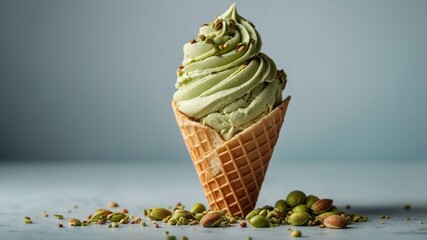 Two scoops of pistachio ice cream in a waffle cone cut out.