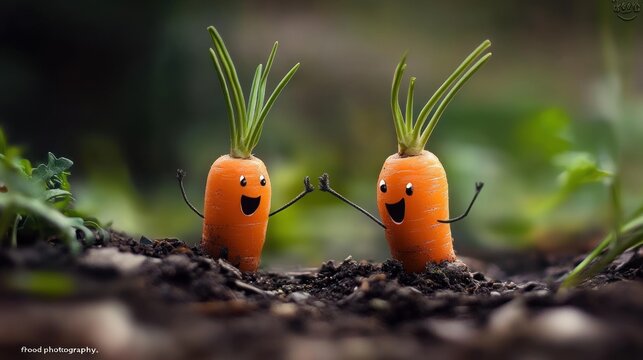 Two Smiling Carrots in the Garden Soil