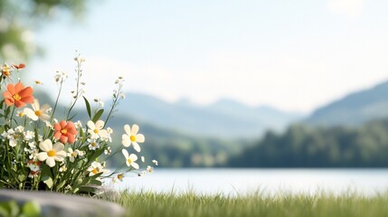 Serene Floral Landscape by Calm Lake with Rolling Hills and Sunlit Sky