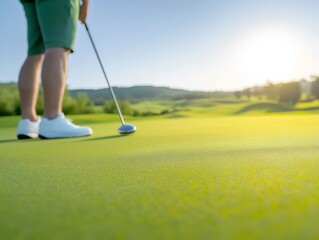 Obraz premium Close-Up of Golfer Preparing to Putt on a Beautiful Sunny Green