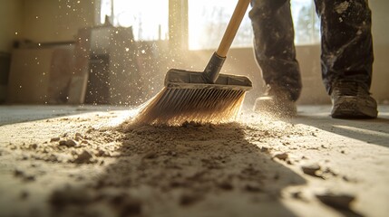 Construction worker cleaning up dust with a broom
