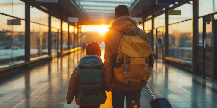 A Father's Farewell. A father and his son walk hand-in-hand through a train station, bathed in the golden light of sunset. The image evokes a sense of bittersweet departure