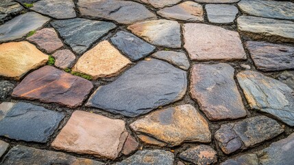 Stone pathway background with interlocking pavers in mixed sizes and colors, creating a unique texture.