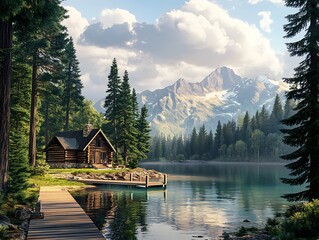 A rustic cabin rests peacefully by the lakeshore, framed by towering trees and stunning mountain scenery. The sun illuminates the tranquil water