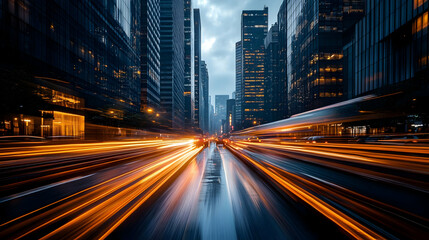 Fototapeta premium Urban scene with blurred lights and skyscrapers at dusk.