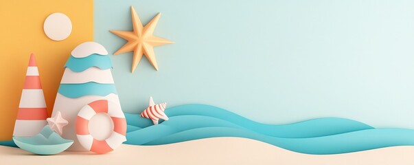 Naklejka premium Fun in the Sun - Vibrant Vector Beach Scene with Playful Characters and Surfing Waves