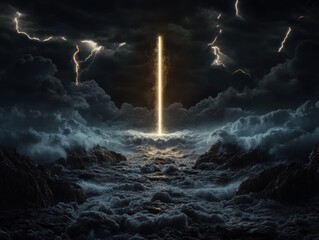Fototapeta premium A vertical glowing beam pierces through dark storm clouds, surrounded by lightning and turbulent skies over rugged mountains, creating a surreal scene.