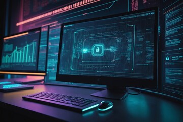 Digital lock symbol on computer screen representing data security