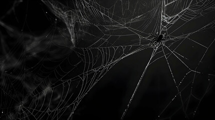 Real creepy spider webs silhouette isolated on black banner panorama - Halloween background template
