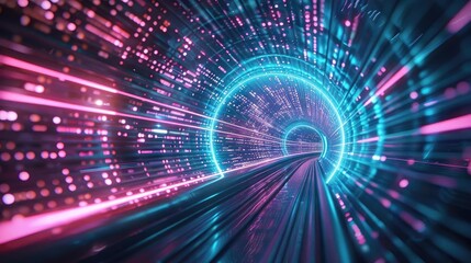 A vibrant digital tunnel with glowing lights and motion, showcasing a futuristic and energetic atmosphere.