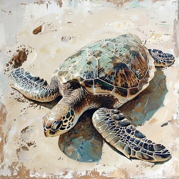 A detailed illustration of a sea turtle resting on a sandy beach, showcasing its beautiful shell pattern and serene environment.