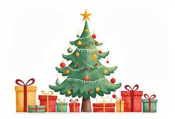 Illustration of Watercolor Christmas Tree with Gift Packages, New Year Background