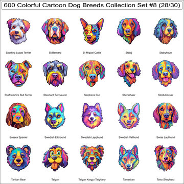 Colorful Dog Breeds Cartoon Characters Sticker Bundle Collection Set 8 of 600 Dog Faces Isolated Part 28