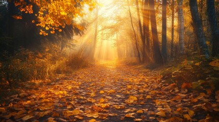 Obraz premium A tranquil forest path during autumn, showcasing vibrant fall foliage and warm sunlight.