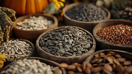 Naklejka premium Assortment of Earthy Roasted Seeds in Vintage Rustic Kitchen Setting