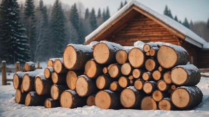 Stacked Firewood Logs in Winter Snow Near Rustic Wooden Cabin Outdoors Landscape.