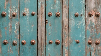 Fototapeta premium Vintage wooden panel background with visible nail heads and a distressed paint finish in muted colors.