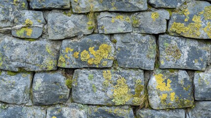 Weathered stone wall background with moss and lichen growth, adding a touch of nature to the rugged surface. -