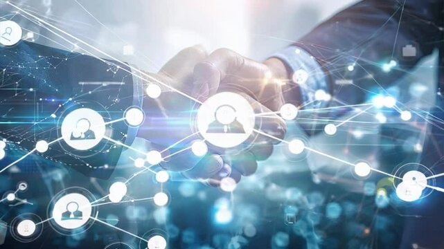 Global Networked Partnership: Two business professionals solidify their collaboration with a firm handshake, symbolizing trust and growth in a digitally connected world. 