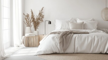 White bedroom with a modern design, featuring a comfortable bed, neutral decor, and a small reading lamp.