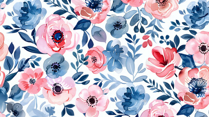 Naklejka premium Seamless floral pattern with abstract blue pink flowers and leaves. Watercolor colorful print in rustic vintage style, textile or wallpapers background