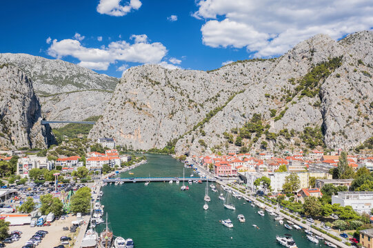 Aerial view of Omis with boats on Cetina river in Croatia, Europe