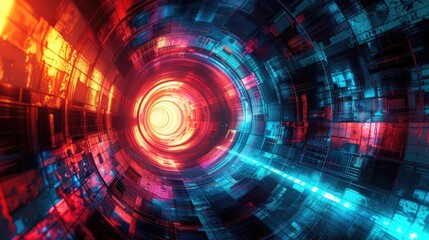 Fototapeta premium A vibrant digital tunnel illuminated in red and blue hues, showcasing futuristic patterns and a sense of depth and movement.
