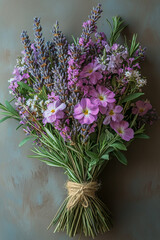 A farm bouquet with a mix of lavender sprigs, rosemary, and wildflowers, tied with a simple twine, set against a pastel beige background,