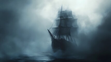 Ghostly Phantom Vessel Drifting Through Ethereal Mist Shrouded Waters