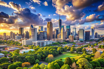 A stunning city skyline at sunrise, framed by lush green trees. The golden sunlight contrasts against the tall buildings, creating a serene atmosphere