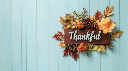 A beautiful display of autumn leaves and pinecones with a 'Thankful' sign, perfect for seasonal decor and Thanksgiving themes.