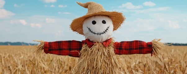 A cheerful scarecrow stands in a golden field, welcoming the harvest season with a smile under a bright sky.