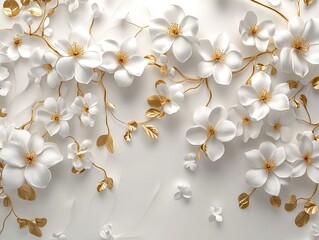 3D background with white flowers and a golden tree