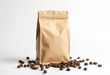 A coffee concept prepared for mockup, with a craft coffee package  and coffee beans on white background