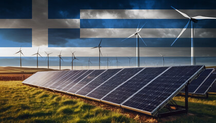 A field of solar panels and wind turbines with the Greece flag overlay, representing the rise of clean energy initiatives