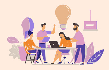 An illustration showing four people around a table brainstorming, with a large lightbulb overhead symbolizing creativity, teamwork, and idea generation