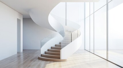 Obraz premium White home interior with an elegant staircase, wooden steps, and a glass railing, adding sophistication.