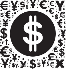 A minimalist black silhouette vector illustration of a large dollar sign in the center, surrounded by smaller symbols of various world currencies, all on a solid white background. 