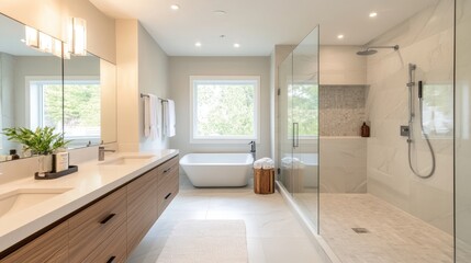 Fototapeta premium White interior bathroom with clean lines, a large walk-in shower, and natural wood accents for warmth.