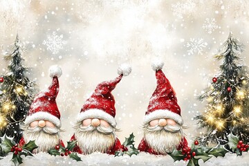 Obraz premium A charming painting on a white background showing three cheerful Christmas gnomes