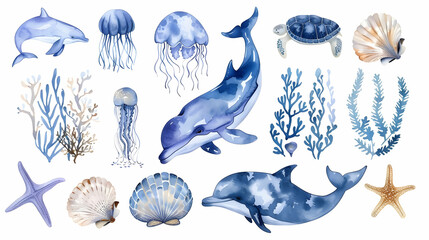 Set of sea animals. Blue watercolor ocean fish, turtle, whale and coral. Shell aquarium background. Nautical dolphin marine illustration, jellyfish, starfish