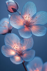 A bouquet of ethereal blossoms with translucent petals in pastel blue and white, softly glowing in a light haze, isolated on a pastel lavender background,