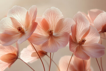 Light, wispy flowers with petals in shades of pale pink and ivory, softly illuminated in a dreamy,...