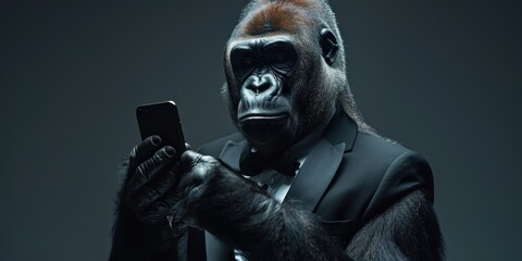 Gorilla in tuxedo holding mobile phone on dark background with copyspace