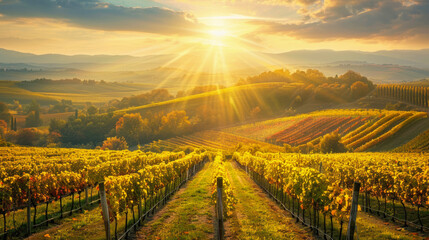 Scenic view of a vineyard in autumn, warm golden light, rows of grapevines leading the eye into the...