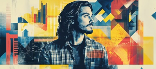 Graphic designer surrounded by charts, colorful abstract collage with geometric patterns