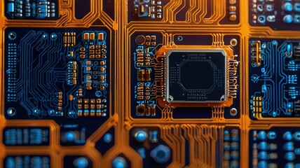 Fototapeta premium Orange, blue technology background/Orange and blue technology background circuit board and code